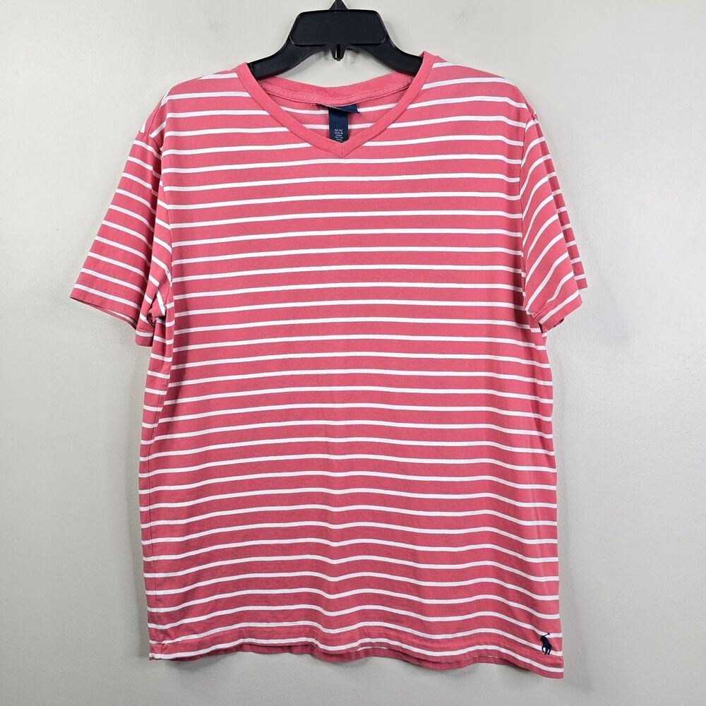 Polo Ralph Lauren Mens Pink Striped SS V-Neck Tee Medium
